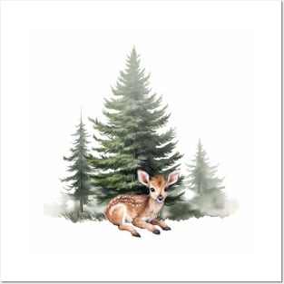 Woodland Baby Deer and Watercolor Trees. Posters and Art